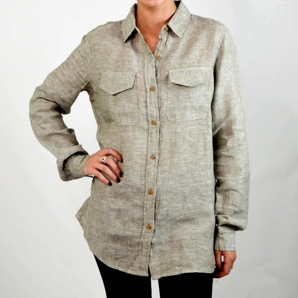 Joe Fresh Tops - 100% Linen Neutral Beige Button Down Utility Shirt Oversized XS Coastal Joe Fres
